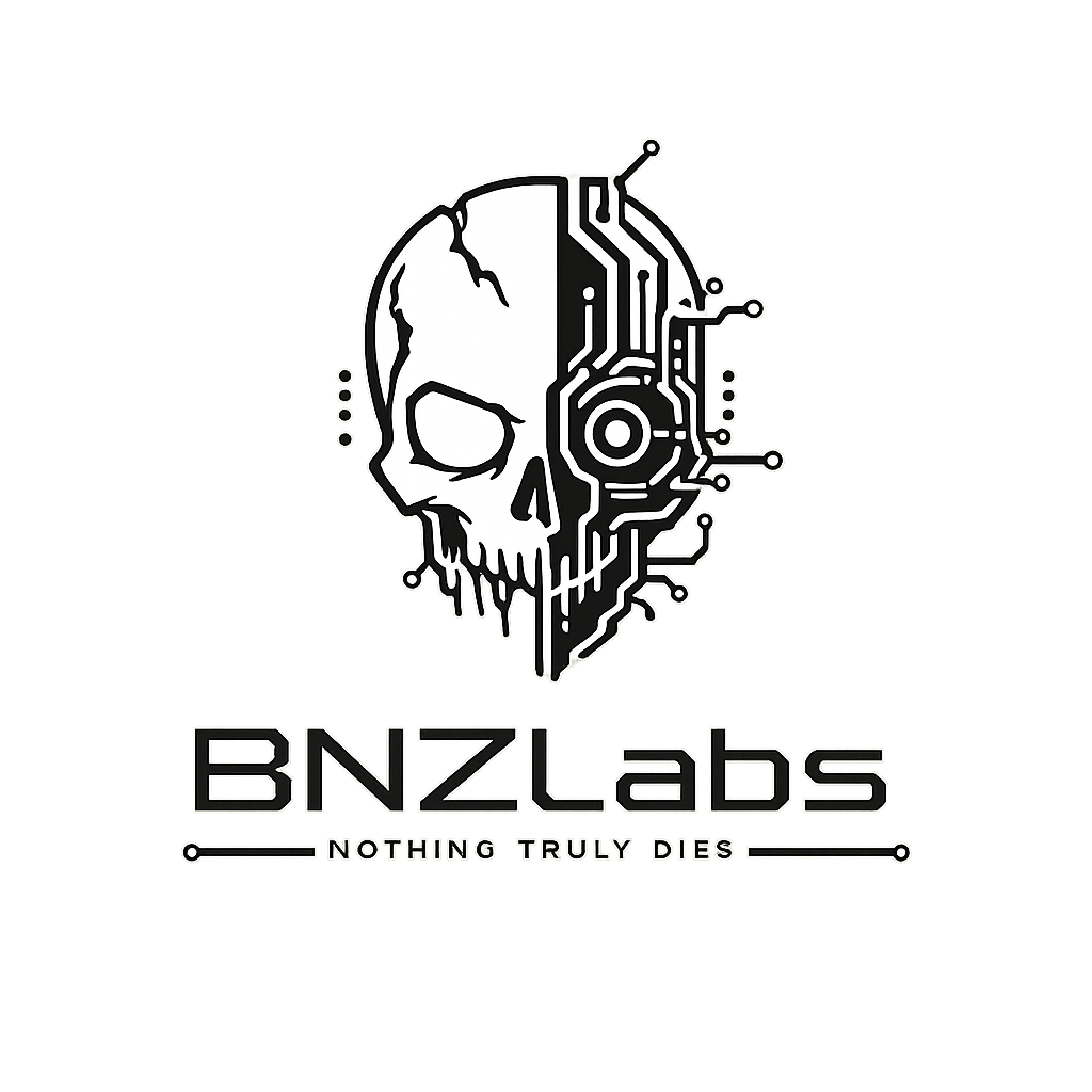BNZLabs — split bone-and-circuit skull. Nothing truly dies.