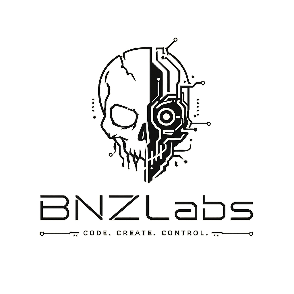 BNZLabs — split organic-and-cybernetic skull logo